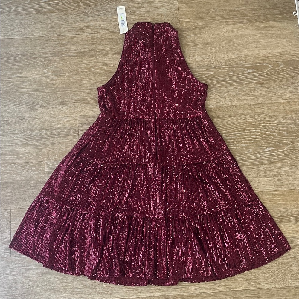 Eliza J Sequin Wine Halter Tiered Mock Neck Mini Dress size 4 - Picture 6 of 12
